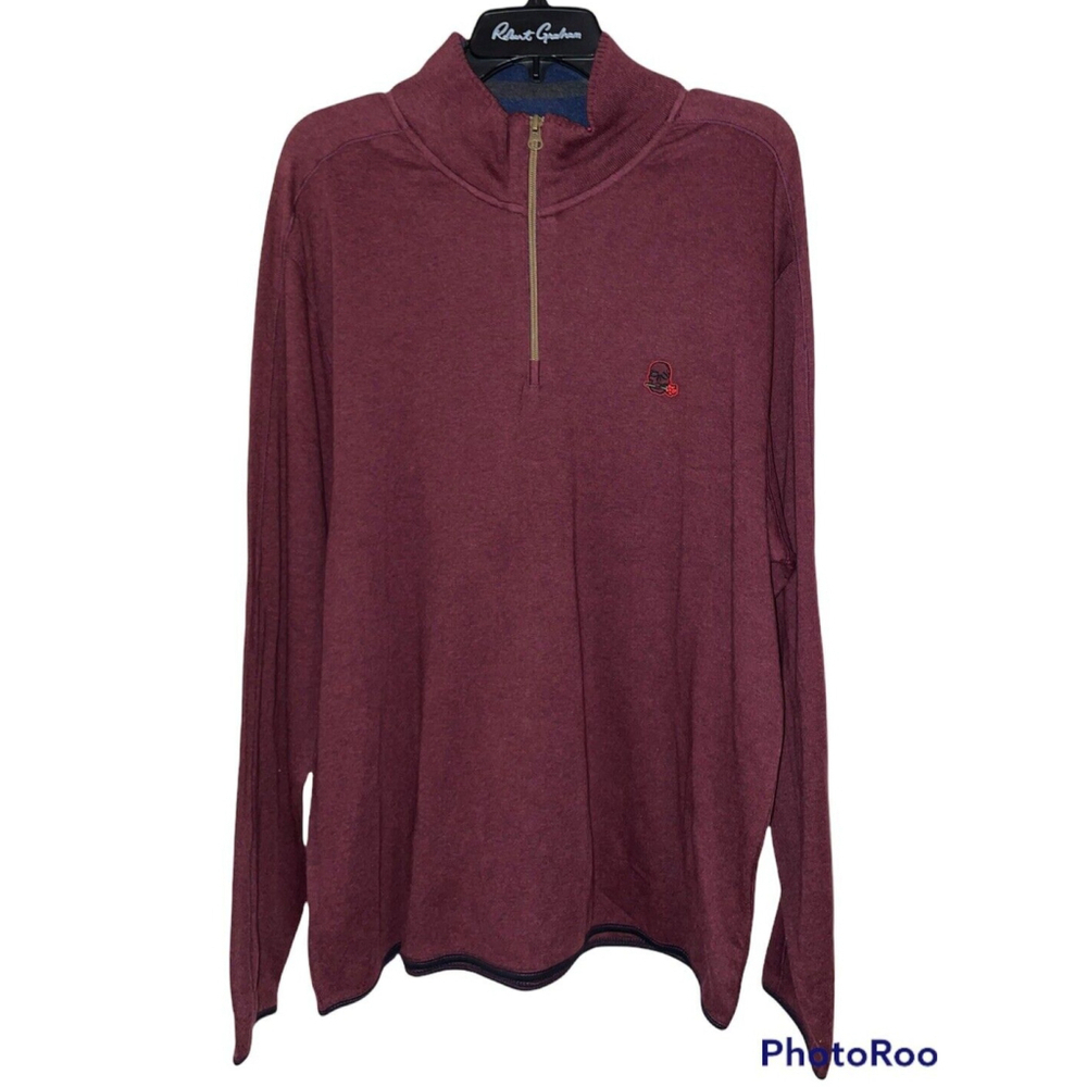 NWT Robert Graham Men's Skull Dark Red Half‎ Zip Long Sleeve Sweater XL
